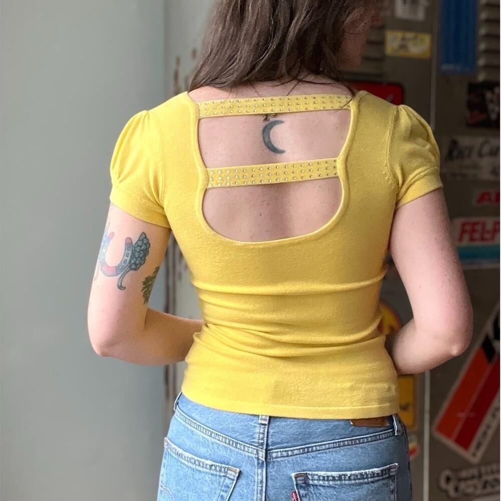 Vintage Y2K Rhinestone Baby Tee | Yellow Knit Cutout Back Puff Sleeve | XS - Picture 3 of 9
